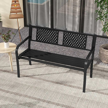 Giantex Metal Outdoor Bench with Mesh Pattern Backrest, Curved Armrests, 660Lbs Capacity, Slatted Seat for 2-3 Persons, Patio Bench for Yard, Poolside, Porch, Park, Garden (50"×23"×32",Black)
