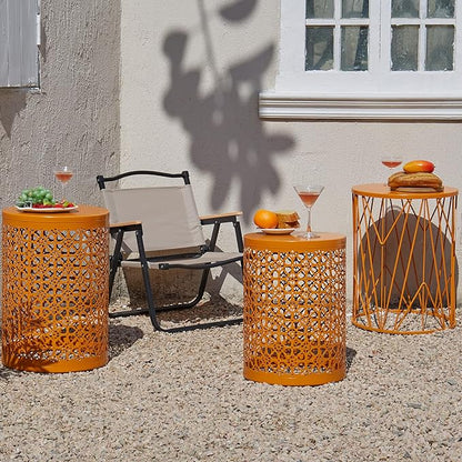 Y&M Set of 3 Meatal Round Side Tables, Multifunctional Coffee Table End Table for Indoor, Outdoor Garden Stool-Orange
