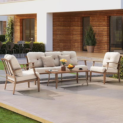 Outdoor Aluminum Conversation Sofa Set, 4-Piece Patio Sofa with Zippered Cushion and Coffee Table, for Porch Garden Backyard Balcony and Poolside, Beige