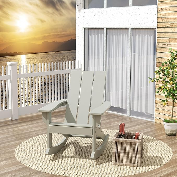 Costaelm Outdoor Adirondack Chair, All Weather Resistant Lawn Chairs Balcony Chair and Fire Pit Chairs, Patio Chair Outdoor Porch Rocking Chair High Back HDPE Poly Lumber, Sand