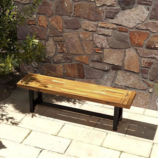 Wooden Outdoor Garden Bench, Park Bench with Acacia Wood Seat, Front Porch Bench with Metal Frame for Conservatory, Poolside, Deck, 63" x 14.25" x 18", Natural