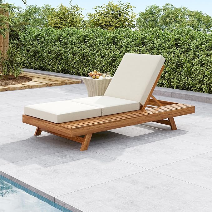 2-Piece Patio Lounge Chair Set with Side Space, Outdoor Chaise Lounge Adjustable & Breathable Acacia Wood Frame - Photo 1