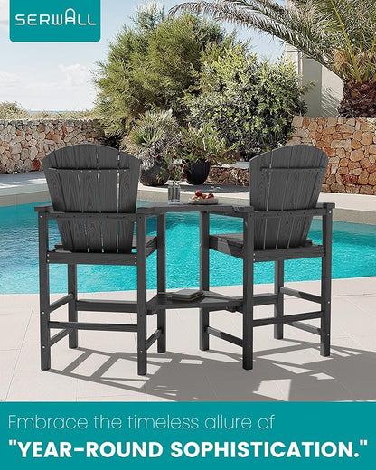 SERWALL Tall Adirondack Chairs Set of 4 with Double Layer Connecting Tray, HDPE Bar Height Outdoor Chairs, Wood-Like Adirondack Bar Stools for Patio, Balcony, Porch, Grey