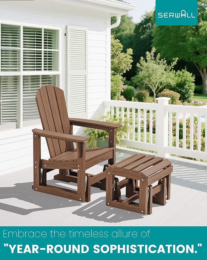 SERWALL Outdoor Glider Chair Set of 2 with Ottoman, HDPE Wood-Like Patio Glider Set All-Weather Porch Glider for Outside - Photo 9