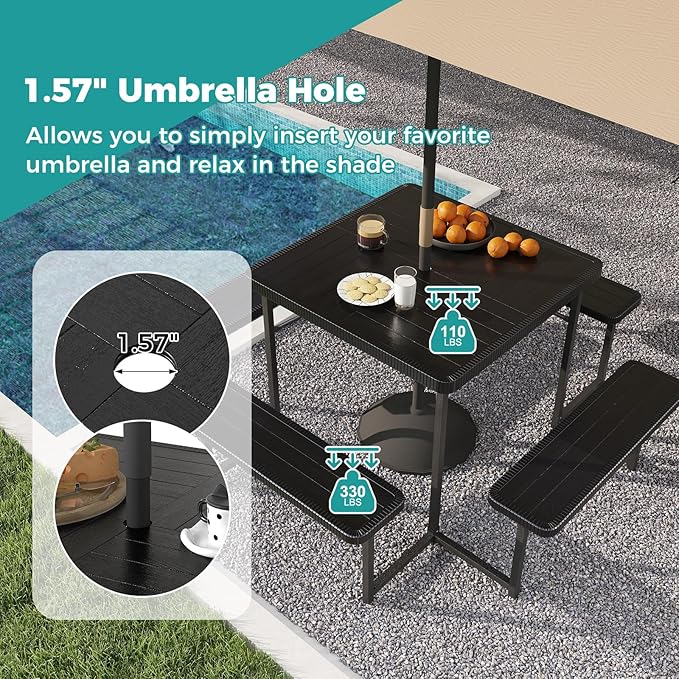 Giantex Picnic Table Bench Set for 4-8 People, 34" Outdoor Square Dining Table & 2 Benches w/Umbrella Hole - Photo 5