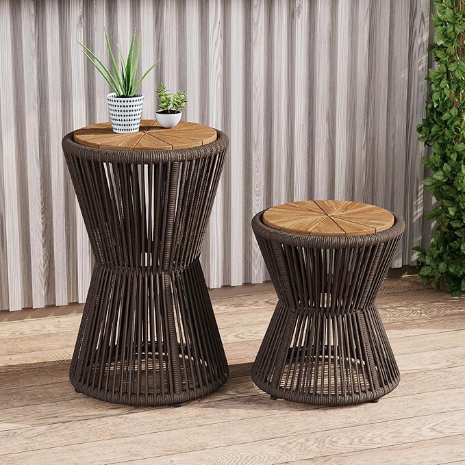 Christopher Knight Home Nara Acacia Wood Outdoor Side Table Set of 2, Hourglass Shaped with Metal Frame+Woven Rope, Outdoor End Table, Garden Plant Stand Indoor, No Assembly Needed, Dark Grey+Teak