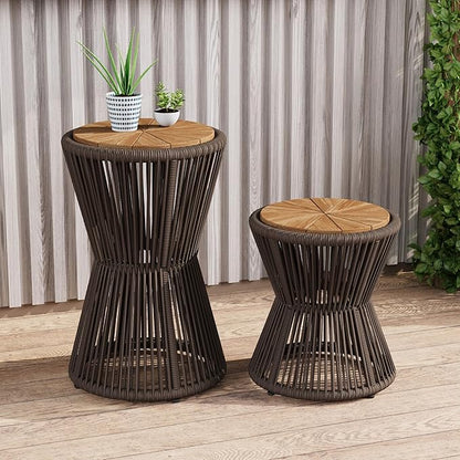 Christopher Knight Home Nara Acacia Wood Outdoor Side Table Set of 2, Hourglass Shaped with Metal Frame+Woven Rope, Outdoor End Table, Garden Plant Stand Indoor, No Assembly Needed, Dark Grey+Teak