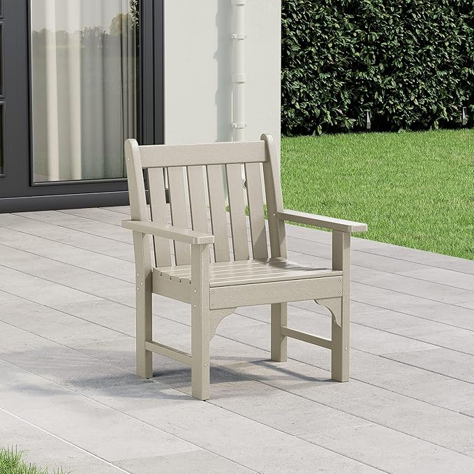 Costaelm Outdoor Dining Arm Chair, Patio HDPE Garden Dining Table Chair, Poly Lumber Waterproof Restaurant Bistro Farmhouse Chairs for Outside Porch Backyard, Sand