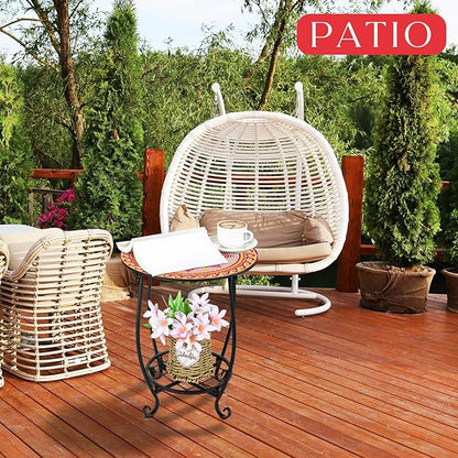 Outdoor Side Table Round Small Mosaic Patio Accent Indoor End Plant Coffee Tea Table for Yard Patio Porch Garden Living Room, Bedroom(Mandala B Style,14 Inch)