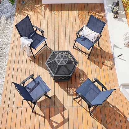 Yaheetech Outdoor Patio Chairs Set of 4, Portable Dining Chairs with Armrests for Camping, Lawn Yard Beach, Folding Outdoor Chairs 4-Pack with Metal Frame, Navy Blue