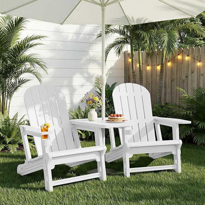 JY QAQA Outdoor Adirondack Chair Set of 2, All-Weather HDPE Patio Furniture with Detachable Table, Wood Texture & Cup Holder for Patio, Poolside, Garden, White