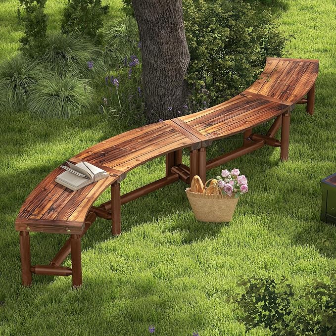 Tangkula Patio Curved Bench Set of 4, Solid Wood Fire Pit Bench for 2-3 People, Outdoor Backless Loveseat for Backyard, Garden, Poolside, 800 LBS Max Load (Rustic Brown)