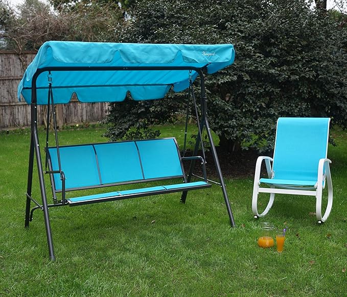 Kozyard 3-Person Outdoor Canopy Porch Swing Chair, Breathable Textilene Armrest Seat, Adjustable Shade, Heavy-Duty Powder-Coated Steel Frame Swing for Patio, Backyard, Poolside & Balcony, Blue