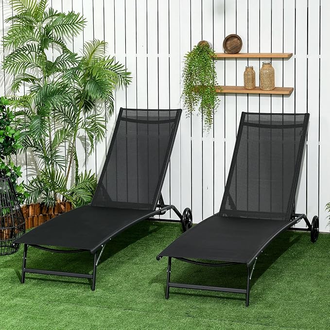 Outsunny Chaise Lounge Outdoor, 2 Piece Lounge Chair with Wheels, Tanning Chair with 5 Adjustable Positions for Patio - Photo 2