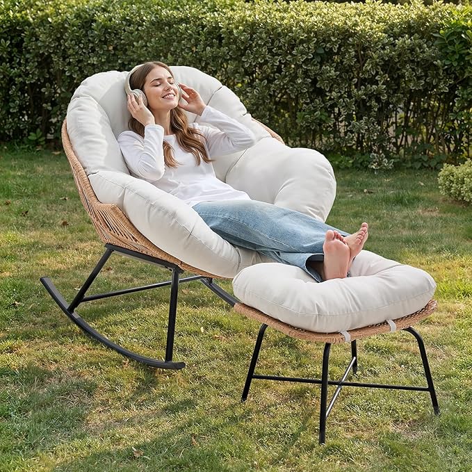 ONBRILL Papasan Rocking Chair with Ottoman,Oversized Papasan Chair with Padded Cushion, Indoor & Outdoor Rocker Chair for Living Room, Patio, Garden, Cream White