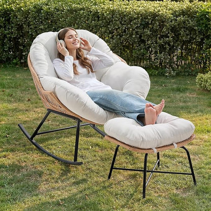ONBRILL Papasan Rocking Chair with Ottoman,Oversized Papasan Chair with Padded Cushion, Indoor & Outdoor Rocker Chair for Living Room, Patio, Garden, Cream White
