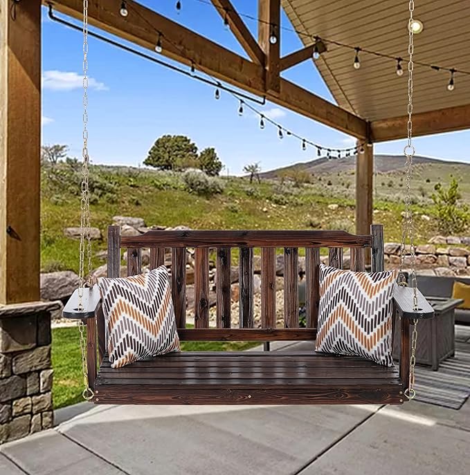 Anraja Wooden Porch Swing 2-Seater Bench Swing with Hanging Chains Heavy Duty 800 LBS for Outdoor Patio Garden Yard - Photo 7