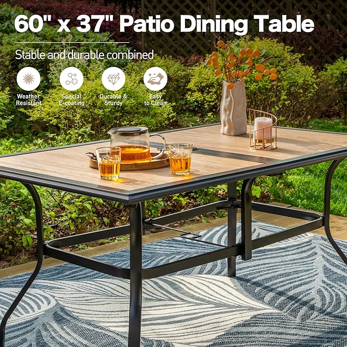 60" Patio Dining Table for 6,Teak Color Rectangle Patio Table with Umbrella Hole,E-Coating and Powder Coating Steel Frame Metal Outdoor Patio Table for Garden Backyard Lawn Yard