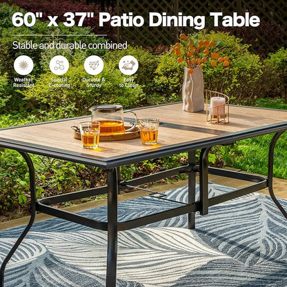 60" Patio Dining Table for 6,Teak Color Rectangle Patio Table with Umbrella Hole,E-Coating and Powder Coating Steel Frame Metal Outdoor Patio Table for Garden Backyard Lawn Yard
