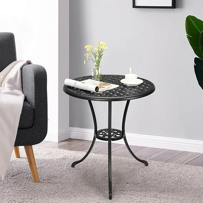 24" Patio Bistro Table Round Outdoor Coffee Table, Small Patio Table with 2" Umbrella Hole, Iron Frame for Porch, Backyard, Garden, Rustic Brown