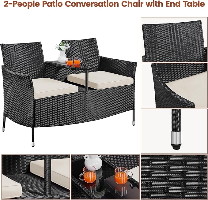 Yaheetech Patio Loveseat, Outdoor Wicker Double Chair w/Side Table, PE Rattan Furniture Set for Two People, Love Seat w/2 Removable Cushions & 1 Tempered Glass Side Table, Black/Beige