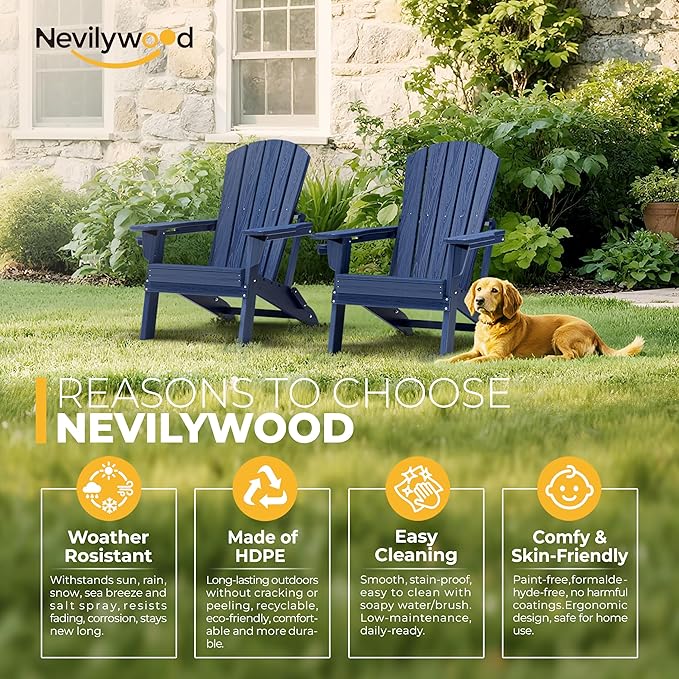 nevilywood HDPE Folding Adirondack Chair Set of 2,Waterproof All-Weather Outdoor Design with Cup Holder,Suitable for Fire Pit, Patio & Beach, Navyblue