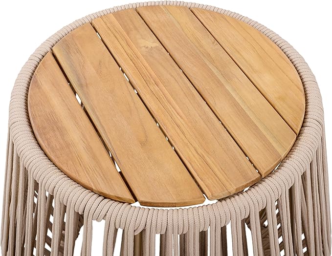 Merax Bohemian Round Outdoor Side Table with Acacia Wood Top and Beige Handwoven Rope Base, Boho Patio Coffee Table for Garden, Pool, Deck, Balcony, Yard