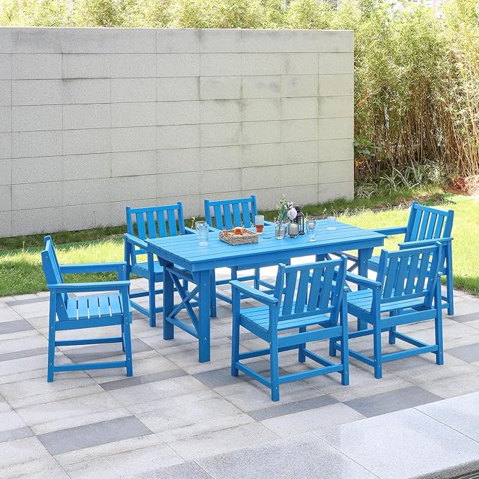 7 Pieces HDPE Outdoor Dining Set, Patio Dining Set with Umbrella Hole, All Weather Outdoor Dining Table Sets for 6 - Photo 9