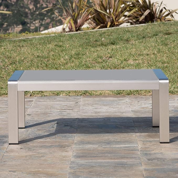 Christopher Knight Home Cape Coral Outdoor Aluminum Coffee Table with Glass Top, Silver - Photo 4