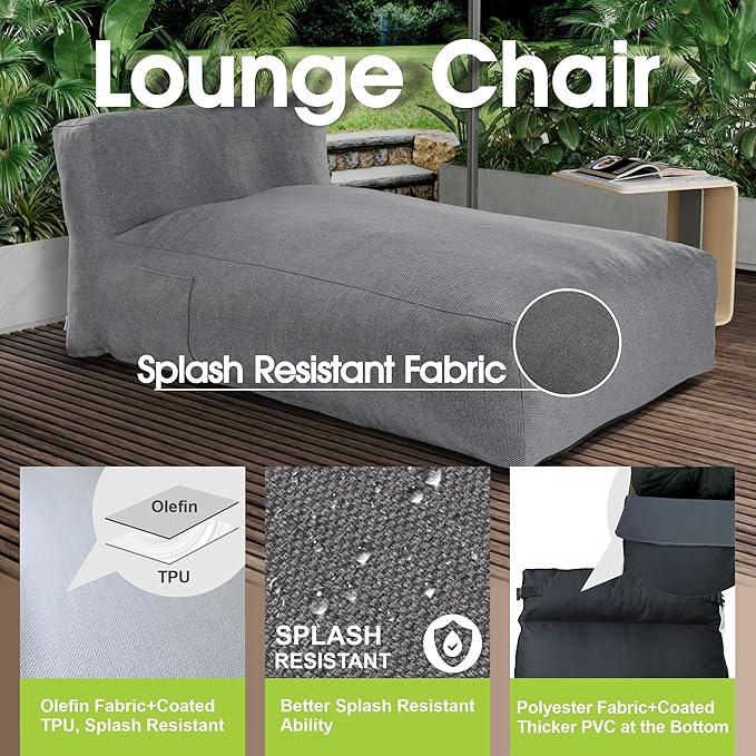 Dineli Chaise Lounge Chair Outdoor Bed Lounger Outdoor Couch Sofa for Pool Comfy Patio Furniture Foam Filling Bean Bed Chair Lazy Sofa for Outside, Water-Resistant Sunbed (Charcoal Gray, 70'' Length)