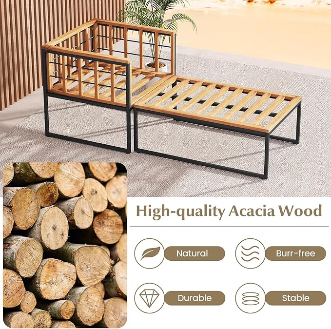 Tangkula Outdoor Chaise Lounge Chair, Acacia Wood Heavy Duty 1200 lbs Weight Capacity Wooded Patio Chair and Ottoman Set for Backyard, Poolside, Garden Deck or Balcony