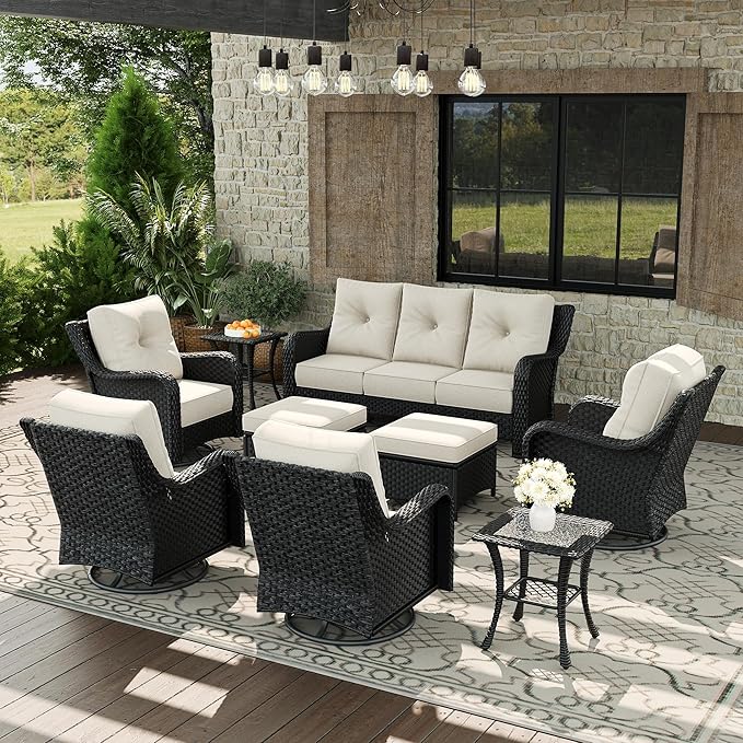 9 Piece Patio Furniture Set, All-Weather Wicker Outdoor Conversation Set with Swivel Rocking Chair and 6 Inch Thick Cushions