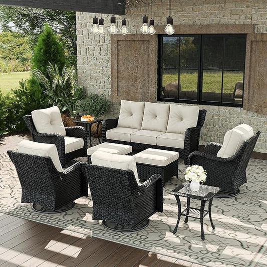 9 Piece Patio Furniture Set, All-Weather Wicker Outdoor Conversation Set with Swivel Rocking Chair and 6 Inch Thick Cushions