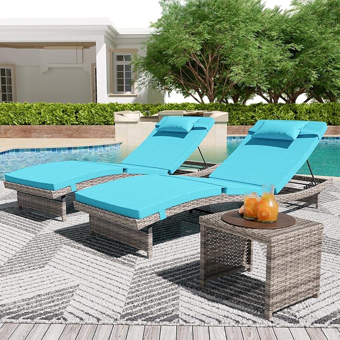 Long Reclining Chair Lounge Set (Set of 3), Modern Outdoor Patio Furniture with Adjustable Backrest & Side Table, Durable PE Wicker, Weather-Resistant Cushions, Blue
