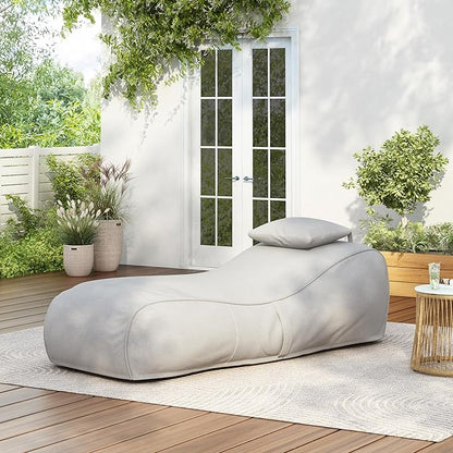 Merax Outdoor Bean Bag Chairs with Headrest, 71" L Large Lounger Chair for Adults Bean Bag Bed with Foam Filled for Patio Pool Balcony & Desk, Water-Repellence Fabric Outside Beanbag Chair, Grey