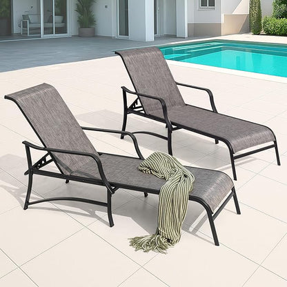 NUU GARDEN Textilene Metal Outdoor Lounge Chairs Set of 2, Adjustable 5-Position Recliner, All-Weather Patio Chaise for Pool, Backyard, Lawn, Beach, Sunbathing–Black Brown
