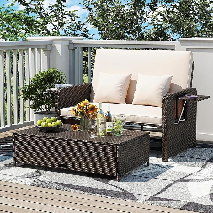 LDAILY Moccha Outdoor Daybed, Wicker Loveseat Sofa Set with 4-Postion Adjustable Backrest, Storage Ottoman, Cushions - Photo 2