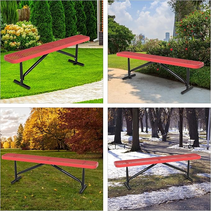 6 Feet Outdoor Steel Bench, Red Heavy Duty Metal Park Bench for Outside, Weatherproof Dock Bench, 72" L Commercial Benches Mesh Bench for Shopping Mall, Store, Lawn, Park, Patio, Deck, Garden