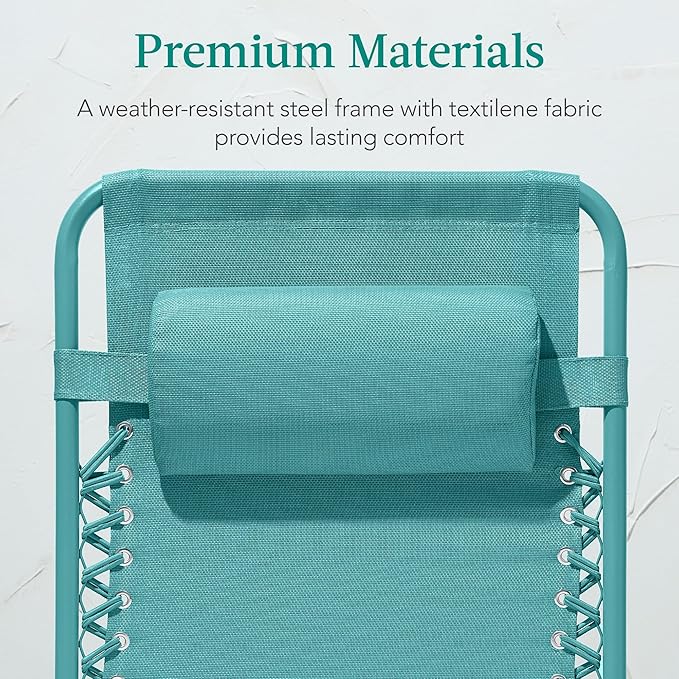 Best Choice Products Adjustable Zero Gravity Chair, Monochromatic Color Folding Patio Recliner w/Side Tray, Headrest - Caribbean