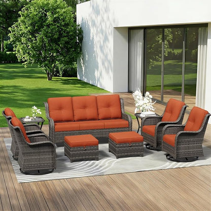 9 Piece Outdoor Wicker Patio Furniture Set, Outdoor Swivel Rocker Patio Chairs Set with Thickened Olefin Cushions, High Back and Deep Seating, Hand-Woven PE Rattan for Porch, Deck
