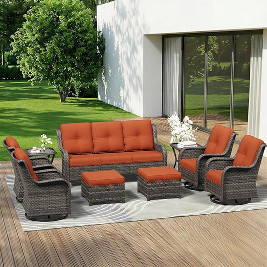 9 Piece Outdoor Wicker Patio Furniture Set, Outdoor Swivel Rocker Patio Chairs Set with Thickened Olefin Cushions, High Back and Deep Seating, Hand-Woven PE Rattan for Porch, Deck