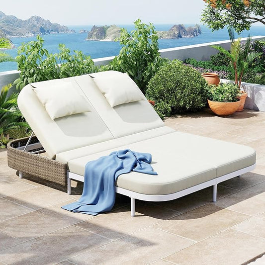 SOFTSEA Patio Rattan Daybed for 2 People, with 5-Position Adjustable Backrest, Outdoor Chaise Lounge with Removable Cushions&Pillows, Iron Frame Outdoor Bed Loveseat for Pool Garden, Beige+White