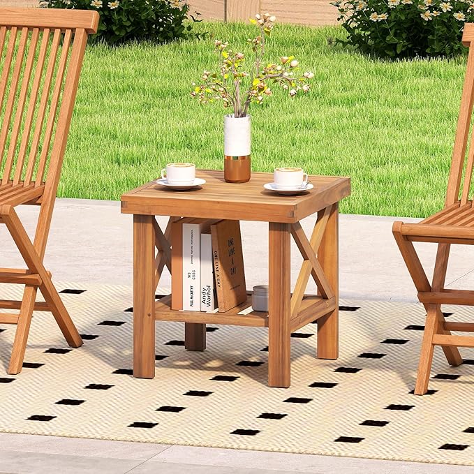 Tangkula Outdoor Side Table, 2-Tier Acacia Wood Adirondack Bistro Small Square Patio Table with Slatted Tabletop & - Photo 6