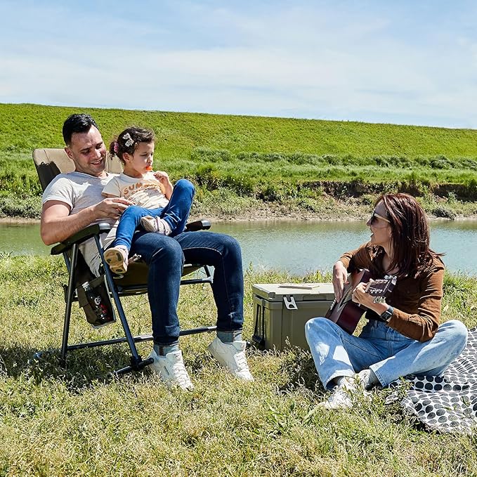 TIMBER RIDGE Outdoor Folding Rocking Chair, 29" Padded High Back Neck & Back Support, Hard Armrests for Easy Stand Up, Stable Steel Frame Supports 300 lb, Quick Fold for Patio, Lawn & RV Camping,Brown