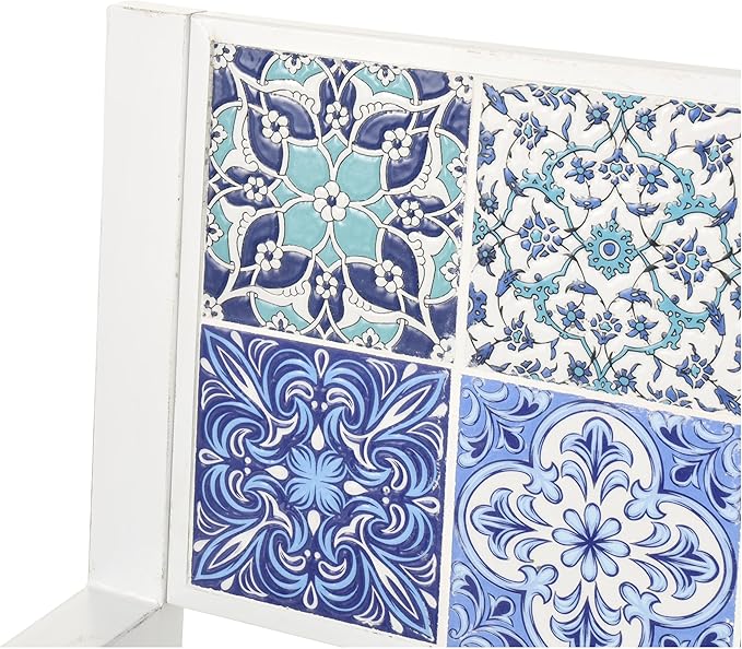 Deco 79 Metal Patio Outdoor Bench Mosaic Floral and Scroll Patio Bench with Blue and Teal Patterns, Bench 47" x 22" x 36", White