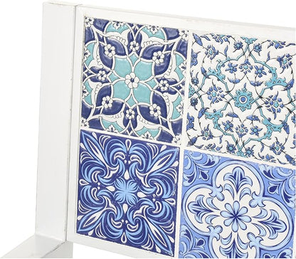 Deco 79 Metal Patio Outdoor Bench Mosaic Floral and Scroll Patio Bench with Blue and Teal Patterns, Bench 47" x 22" x 36", White