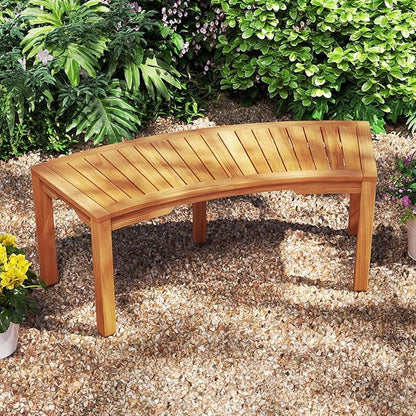 Moccha Outdoor Curved Bench, Acacia Wood Fire Pit Bench w/Slatted Seat, Loveseat, Outside Chair, Patio Backless 2-Person Seating for Balcony Yard Deck Porch 800 LBS Max Load (1, Natural)
