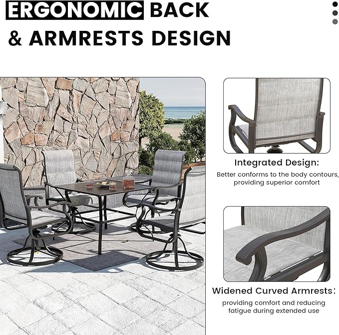 Patio Swivel Chairs Set of 4, Outdoor Dining Chairs with High Back, All-Weather Swivel Rocker Chair for Lawn, Porch or Garden (Padded Grey)