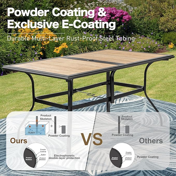 60" Patio Dining Table for 6,Teak Color Rectangle Patio Table with Umbrella Hole,E-Coating and Powder Coating Steel Frame Metal Outdoor Patio Table for Garden Backyard Lawn Yard