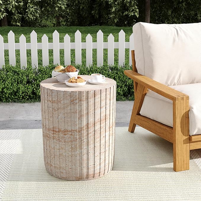 Christopher Knight Home Jaym 18.75" H Indoor Outdoor Accent Side Table, Patio Decorative End Table, Gear-Shaped Lightweight Concrete Garden Stool for Patio Balcony & Garden Decor, Travertine